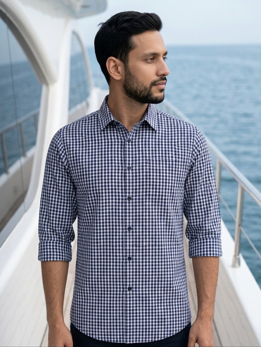 Liz Claiborne Blue and White Plaid Stretch Button-Down Shirt